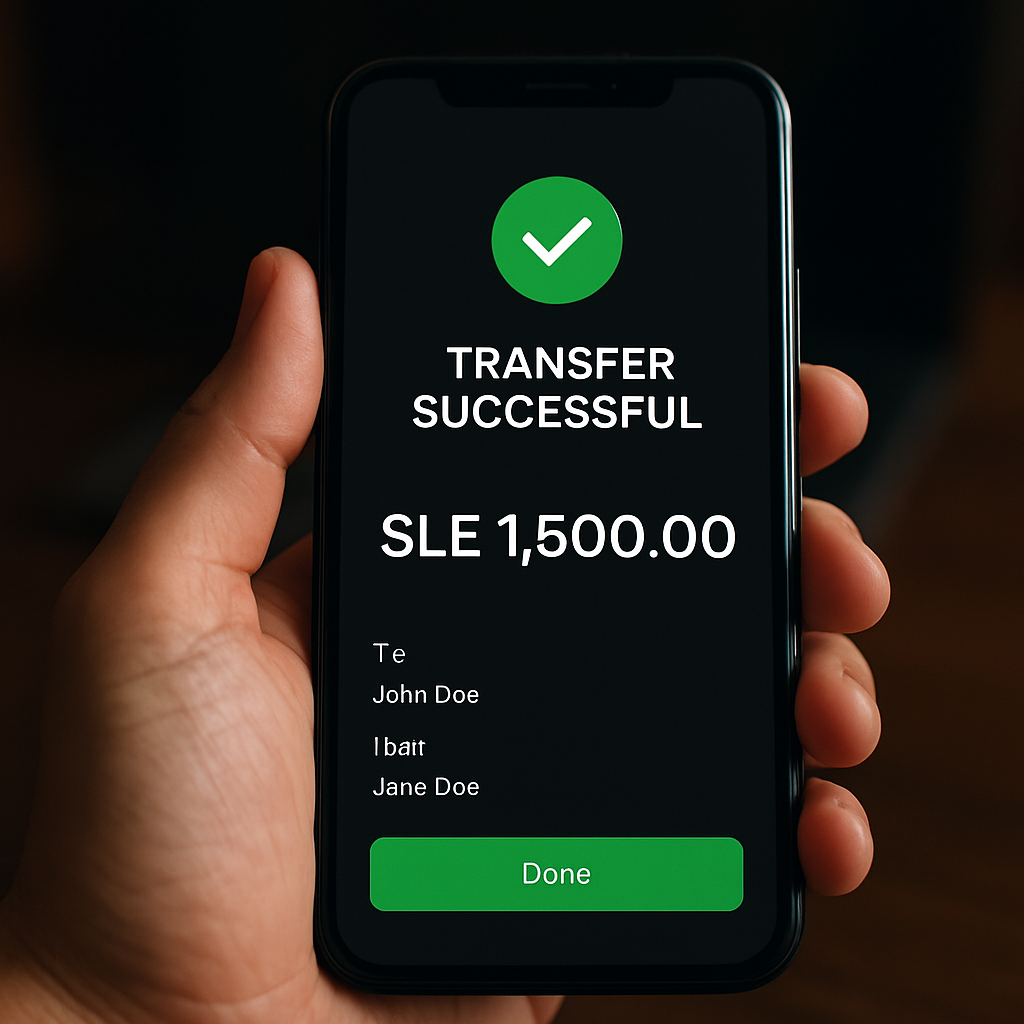 Person confirming a successful bank transfer on a smartphone