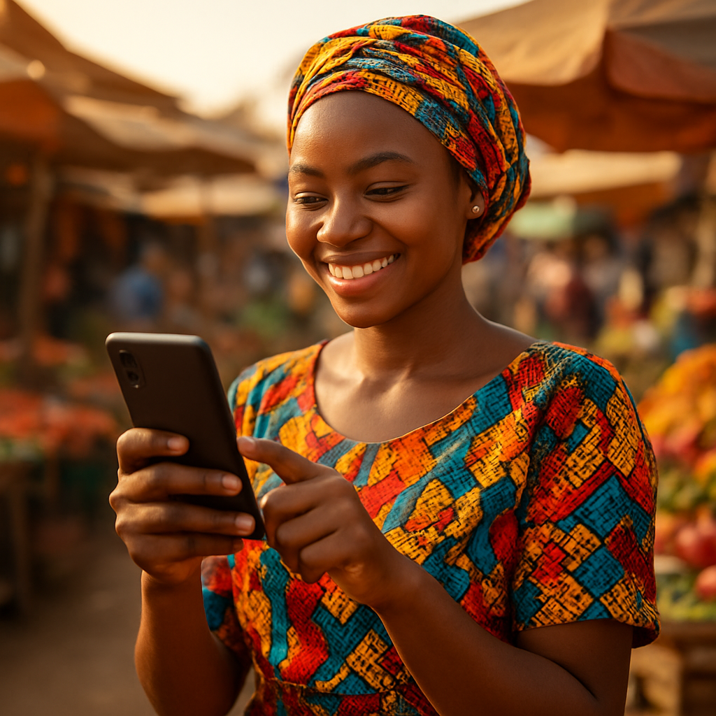 A woman paying with mobile money on her phone at a Sierra Leone market