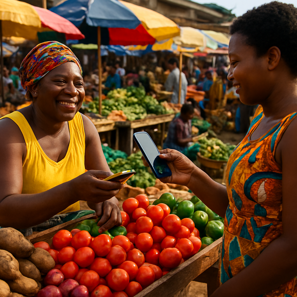 Traders buying and selling goods at a Sierra Leone market using MoniPay