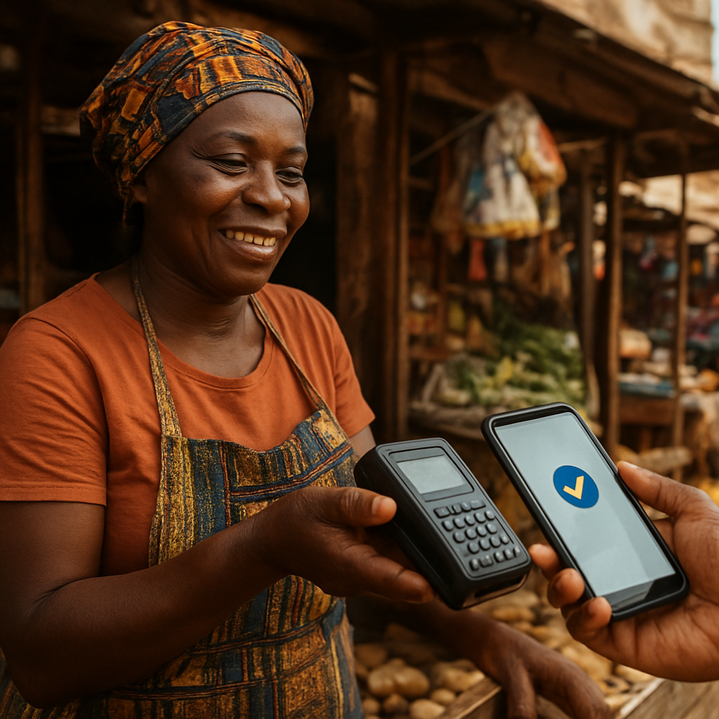 Market vendor accepting a mobile money payment from a customer's phone